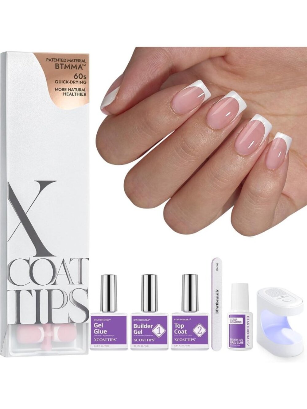 Short Square French Tip Press-On Nails Kit - Pink Gel Tips, Nail Lamp & DIY Set
